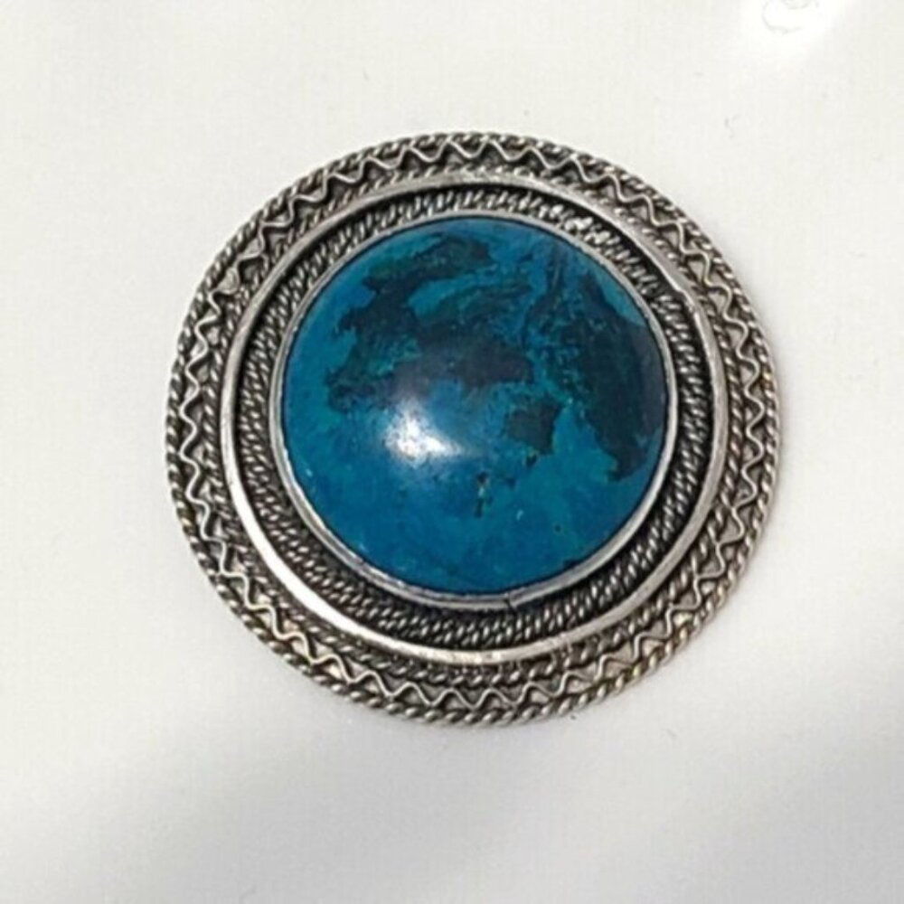 Vintage Sterling Silver Chunky Round Blue Eilat GemStone Cabochon Pendant Brooch